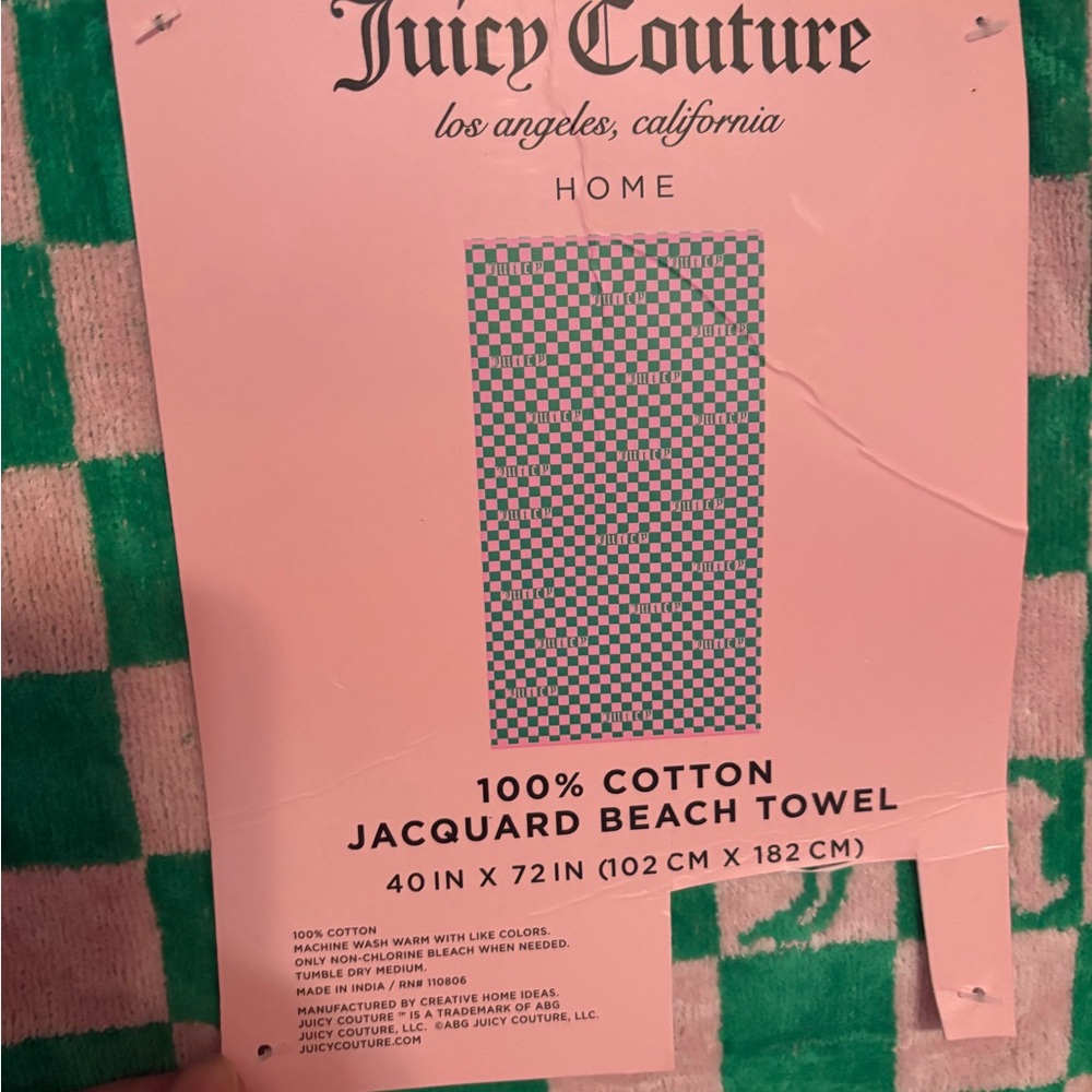 Juicy Couture Pink and Green Checkered Towel - Picture 4 of 6